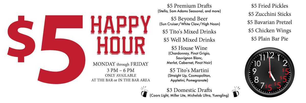 Happy Hour hour at the Stage House Tavern in Somerset Monday to Friday 3pm to 6pm