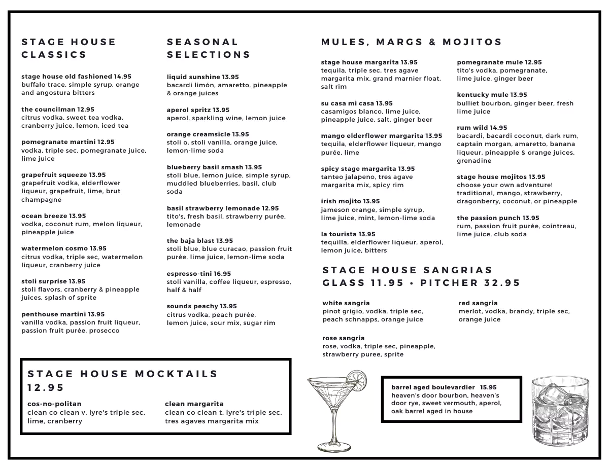 Beer and wine menu for Stage House Tavern in Scotch Plains, NJ