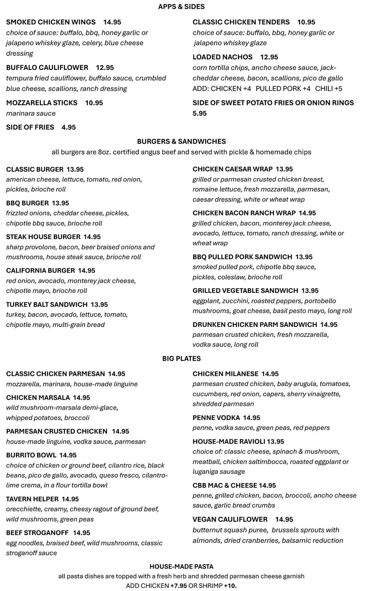 New  lunch menu for Stage House Tavern on Route 22 in Mountainside