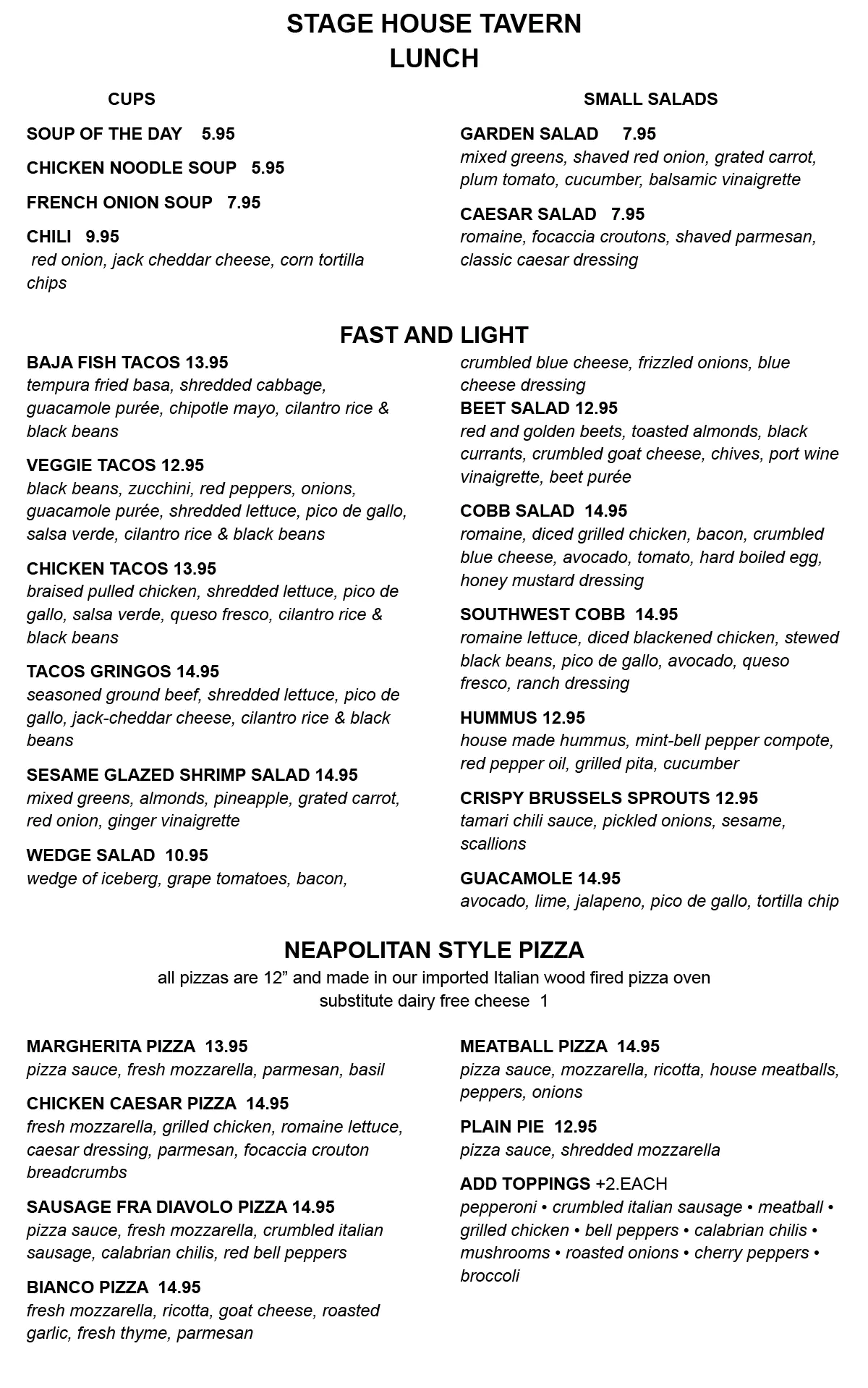 Lunch menu at Stage House Tavern in Mountasinside NJ