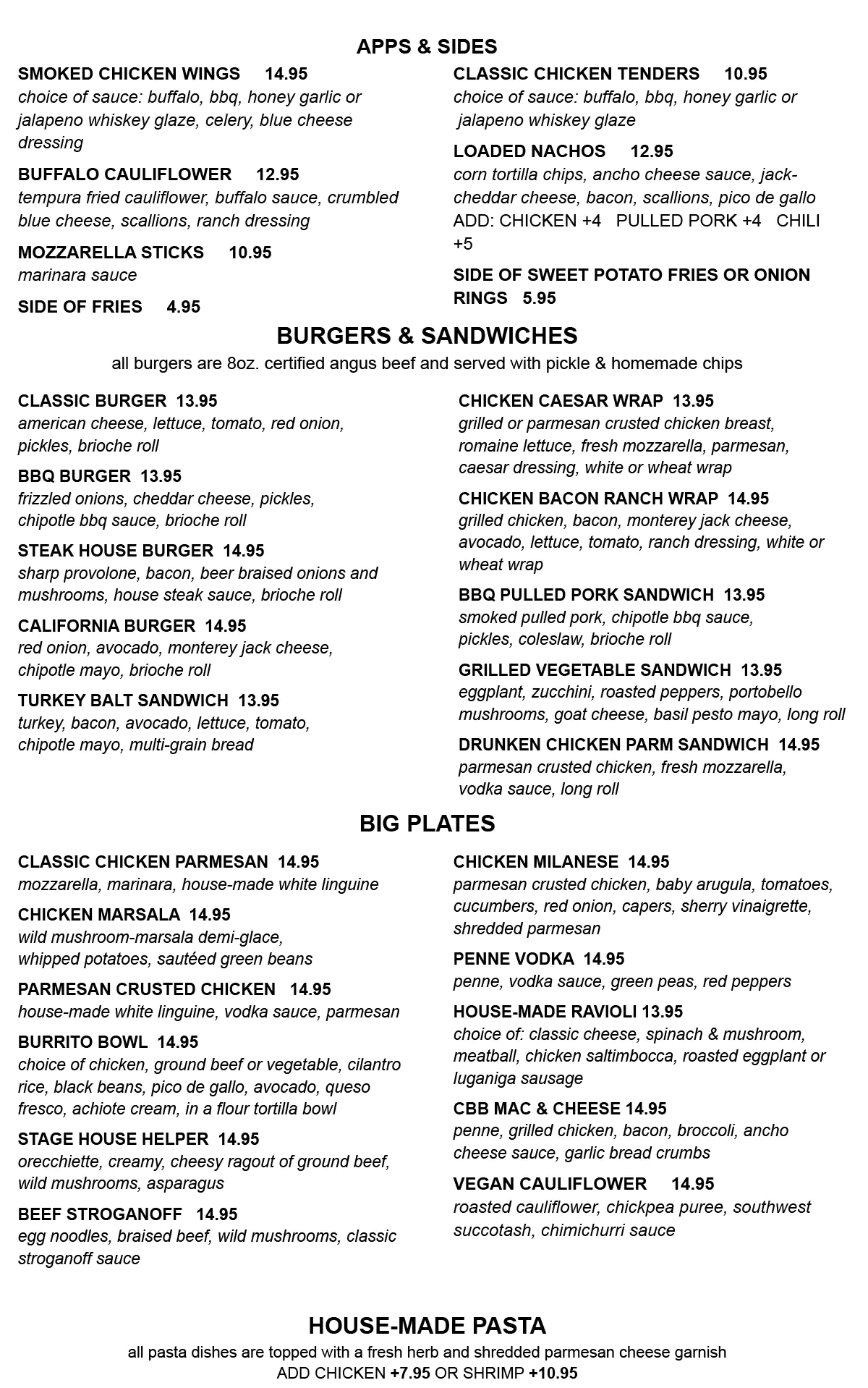 New  lunch menu for Stage House Tavern on Route 22 in Mountainside